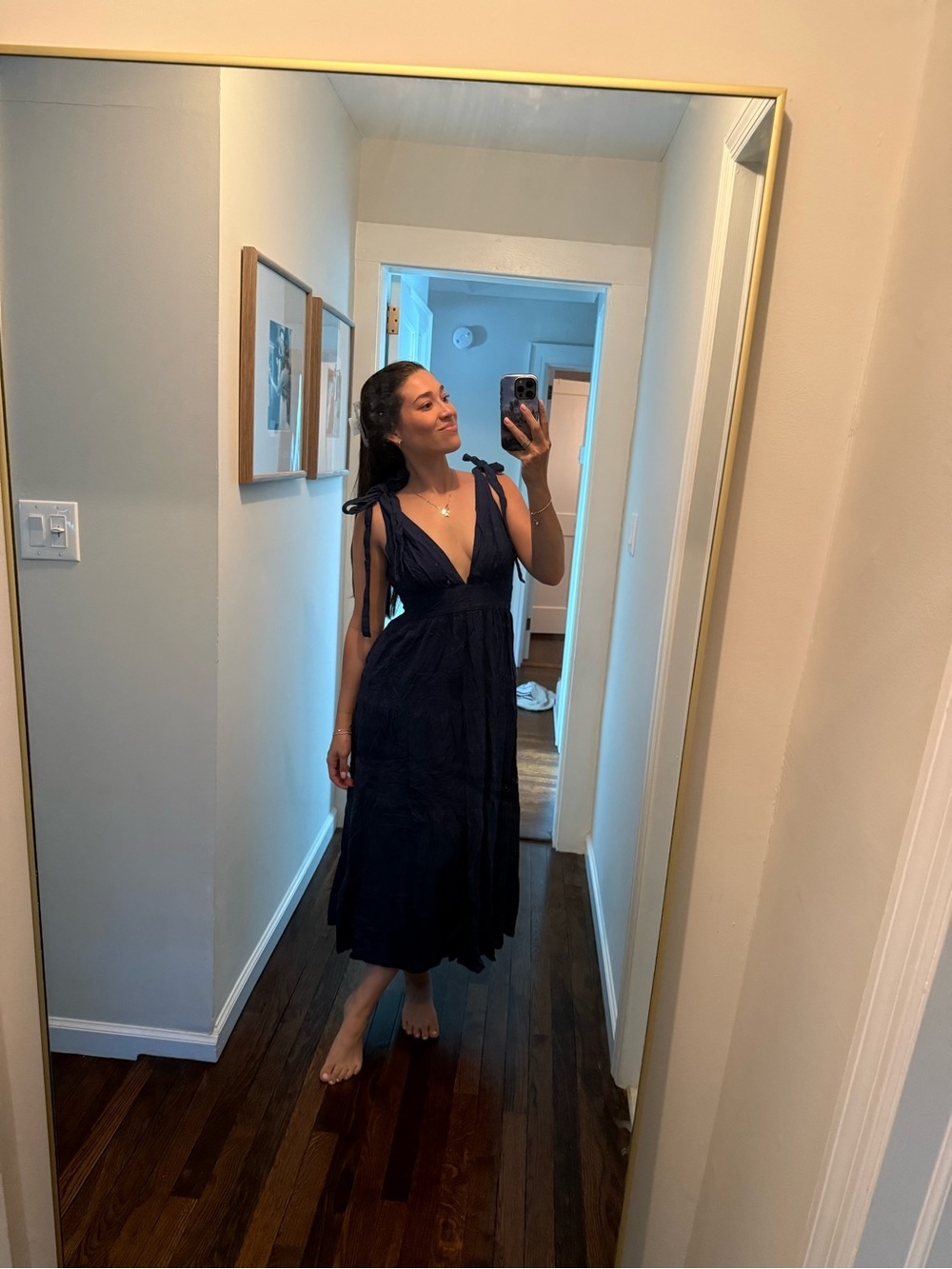 Navy Tie-Shoulder V-Neck Maxi Dress - Picture 1 of 7